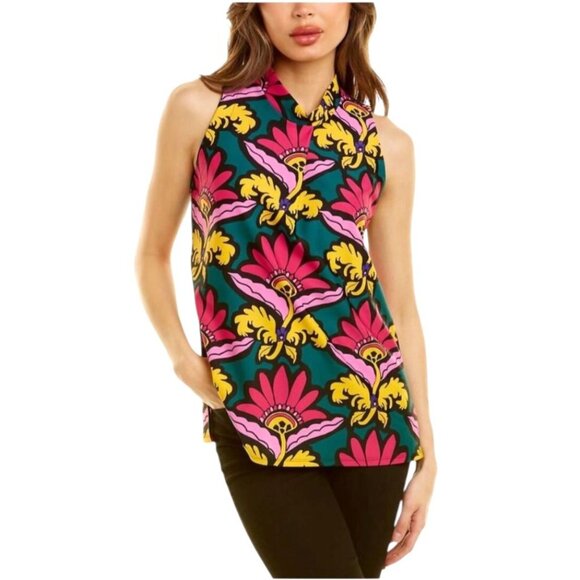 Jude Connally Shirt Women Large Green Purple Floral Jersey Macy Mock Neck Boho - Picture 1 of 10